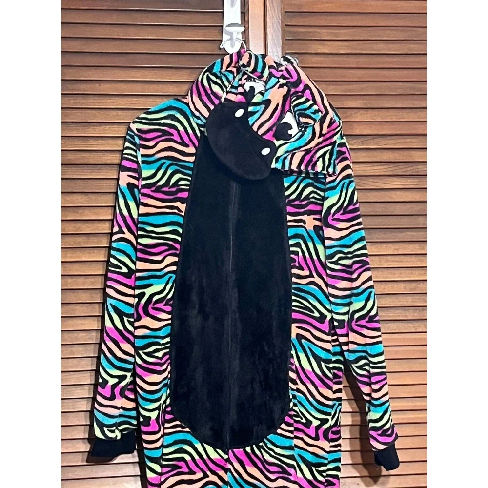 SECRET TREASURES Womens XL Zebra Print Hooded Fleece One Piece Pajama Sleeper 20 - Picture 7 of 9